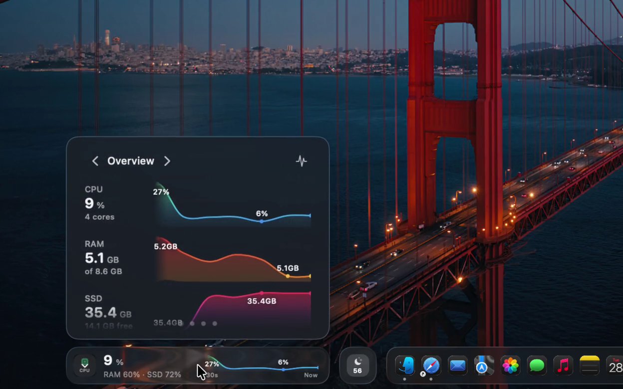 docktor's Liquid Glass system-stats widget showing live CPU, memory, and disk graphs above the macOS Dock