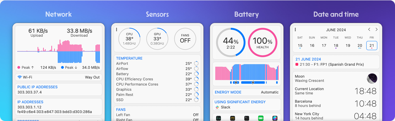 iStat Menus dropdown panels showing network, sensors, battery, and date-and-time detail from the macOS menu bar